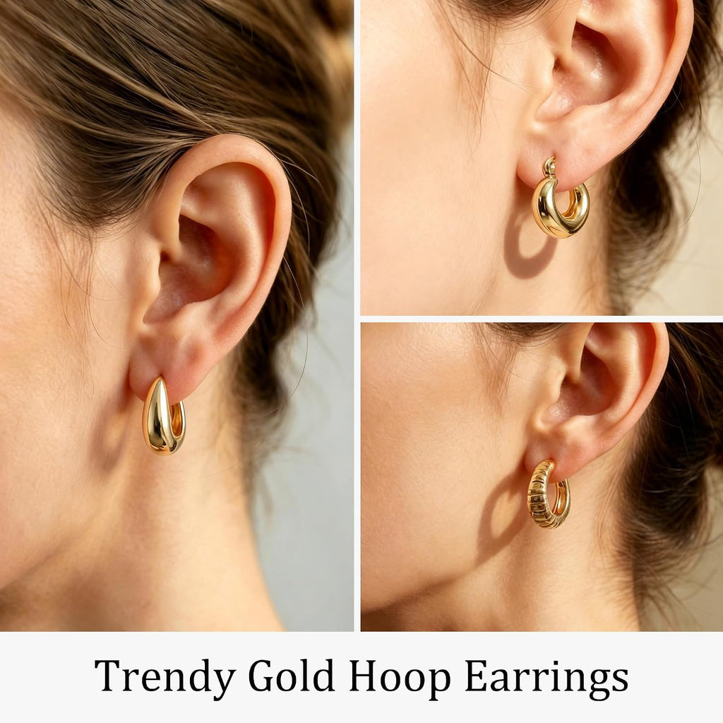 6 Pairs Chunky Gold Hoop Earrings for Women, 14K Gold Plated Hoop Earrings Hypoallergenic, Thick Lightweight Twisted Huggie Hoops Earring Set for Women’s Jewelry GIfts