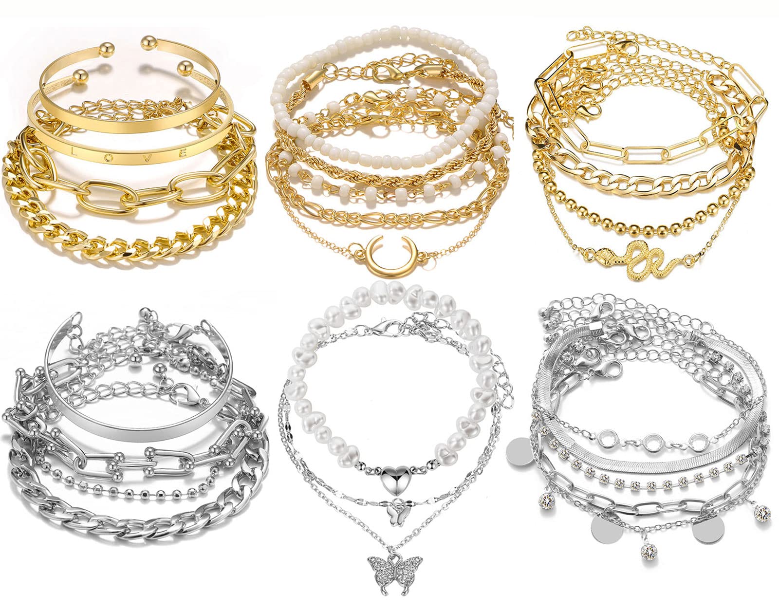 17IF 18-25 PCS(6 Pack) Boho Gold Silver Stackable Bracelets Set for Women | Chunky Dainty Bangles Adjustable Chain Flat Cuff Cuban Punk Charm Bundle Jewelry