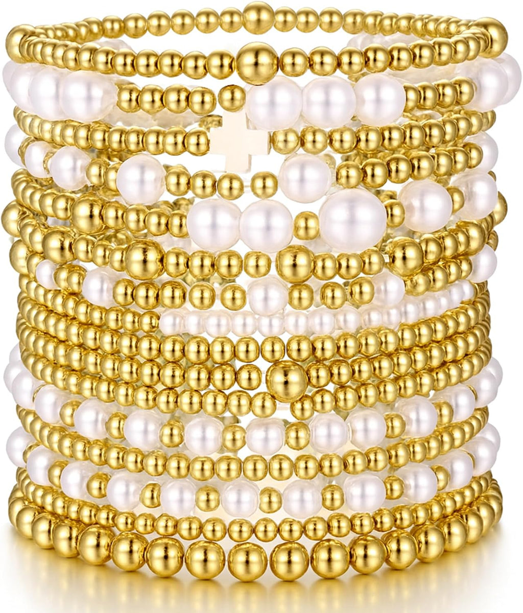 Gold Plated Bead & Pearl Bracelets for Women, 16PC Stackable Stretch Set | Elastic cord fits 6-7cm wrists; hypoallergenic, lead & nickel free; gift for Mom, Wife, Daughter, Birthday, Anniversary