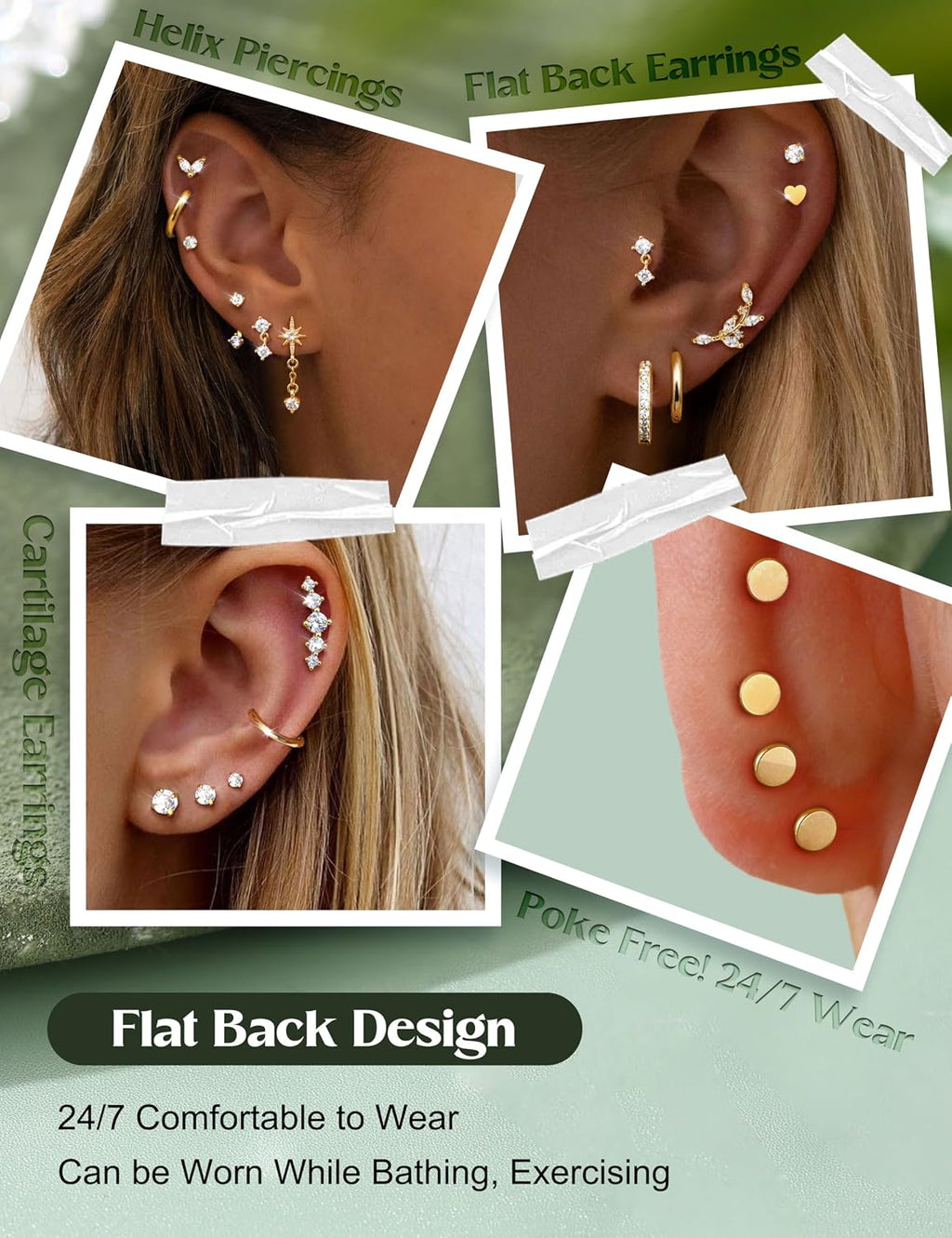 LOLIAS Hypoallergenic Flat Back Earrings-Cartilage Earring Stacks-Surgical Steel Earrings for Sensitive Ears - Small Stainless Steel Flatback Stud Hoop Earring Sets for Helix Tragus Conch Daith Multiple Piercing Jewelry Trendy
