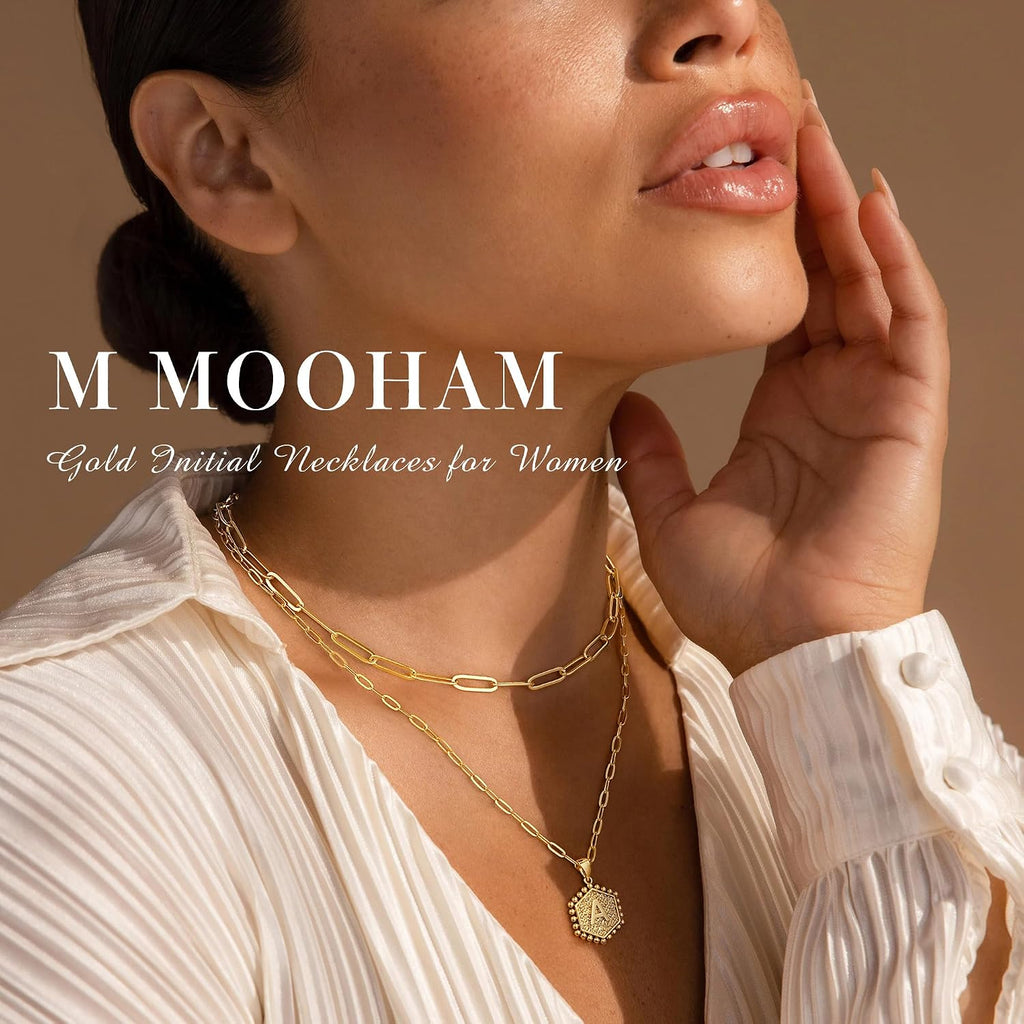 M MOOHAM Dainty Initial Necklaces for Women, 14K-Gold-Plated Layering Necklace for Women Cute Hexagon Letter Initial Necklace Layered Necklaces for Womens Teen Girl Gifts