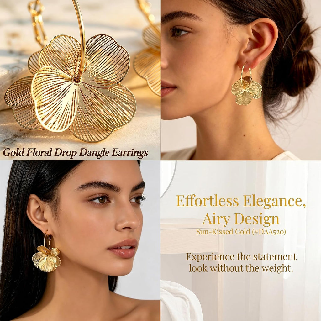 Gold Silver Flower Dangle Earrings for Women | Cute Statement Trendy Floral Drop Earrings, Boho Fashion Lightweight Hoop Jewelry Gift, Hypoallergenic for Sensitive Ears