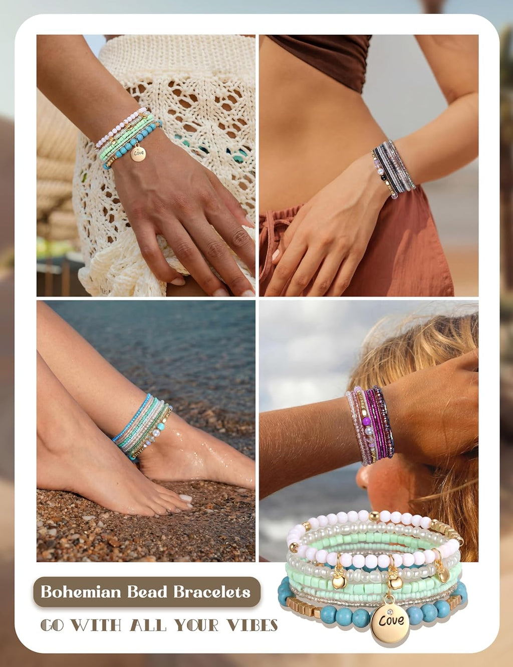 6 Sets Bohemian Stackable Bead Bracelets for Women Stretch Bohemian Style Stretch Multilayered Boho Bracelet Set