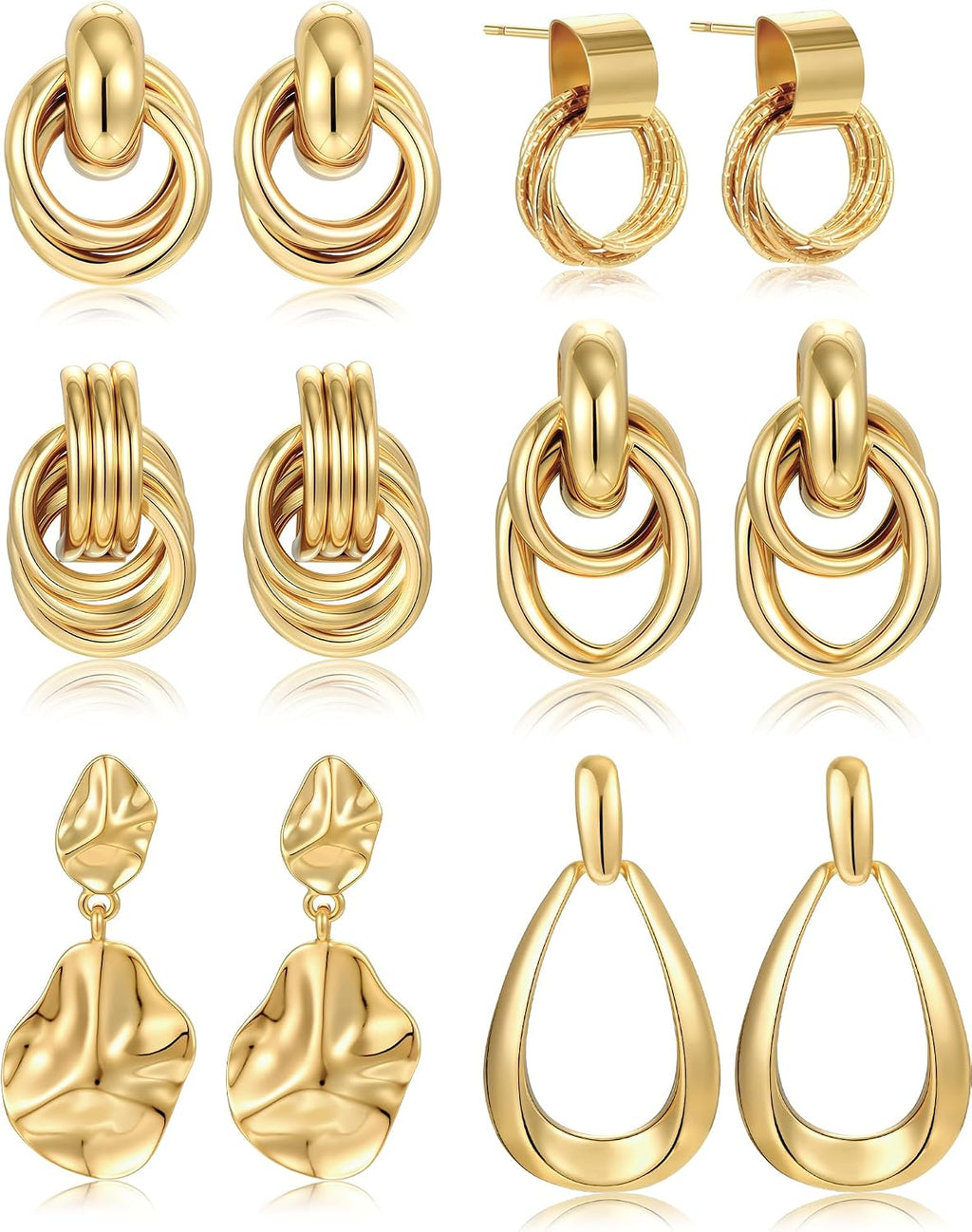 6 Pairs Chunky Gold Earrings for Women Gold Plated Knot Earrings Trendy Statement Drop Dangle Teardrop Lightweight Hypoallergenic Fashion Accessories Jewelry Set Gifts for Women