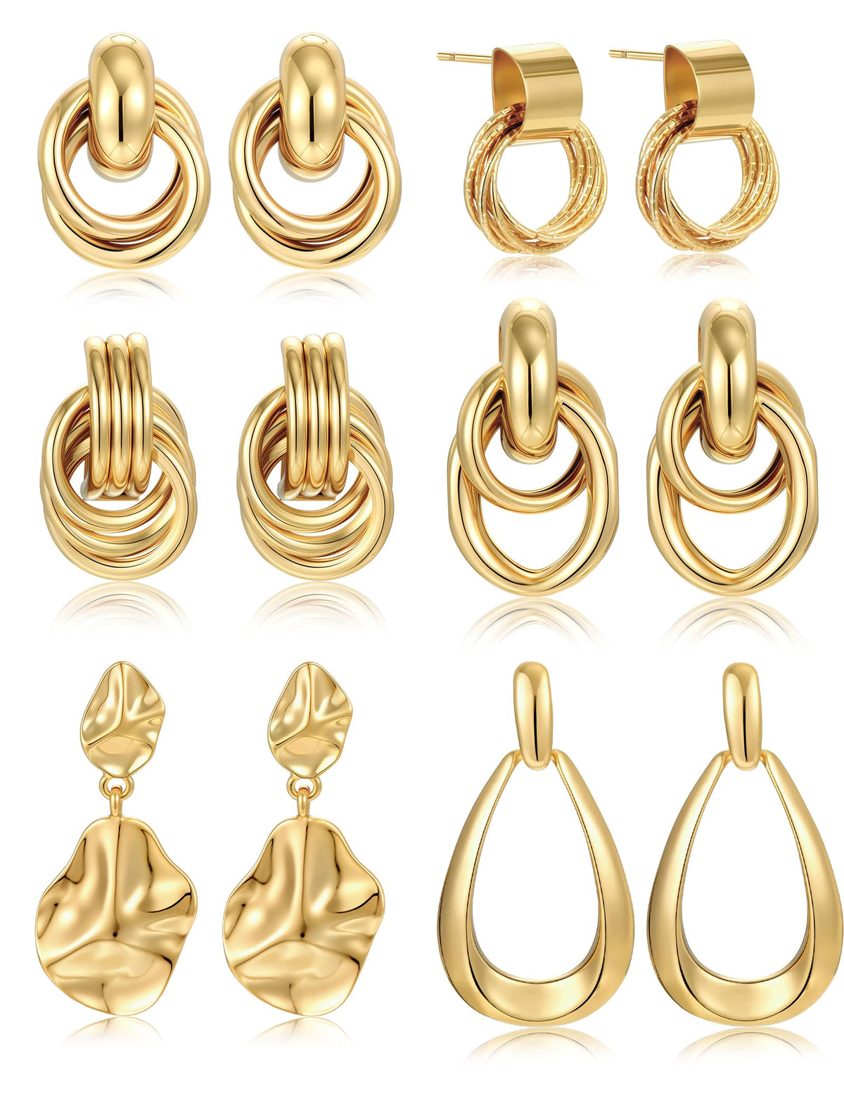 6 Pairs Chunky Gold Earrings for Women Gold Plated Knot Earrings Trendy Statement Drop Dangle Teardrop Lightweight Hypoallergenic Fashion Accessories Jewelry Set Gifts for Women