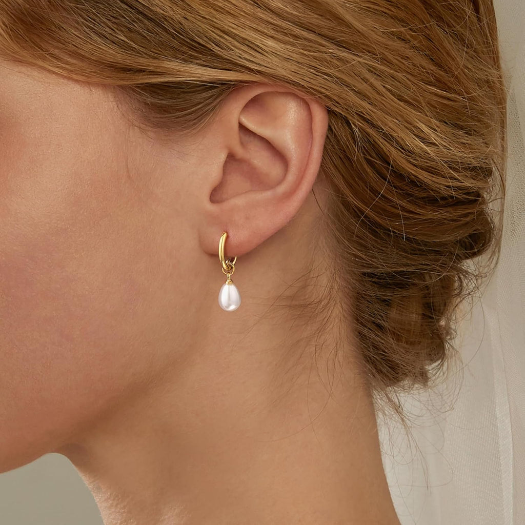 Robaice Pearl Earrings for Women, 14K Gold Plated Dangle Drop Earrings | Small Pearl Drop Huggie Hoop Earrings, Hypoallergenic Dainty Gold Earrings, Wedding Jewelry Gifts for Women Trendy