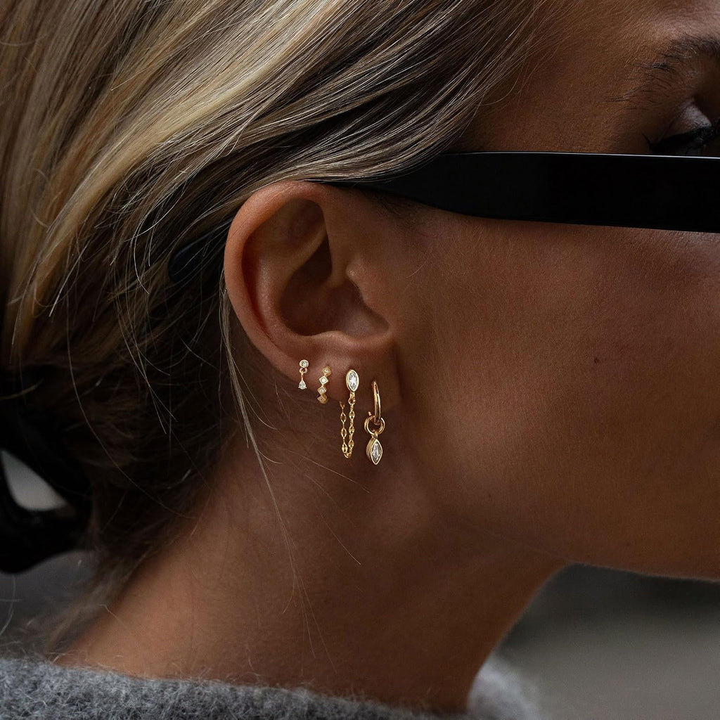 Gold Earrings for Women, Dainty Earring Stacks 14K Gold Plated Chain Earrings Cute Hypoallergenic Huggie Earrings for Women Trendy Unique Drop Hoop Earrings Stack Fashion Gold Jewelry Set