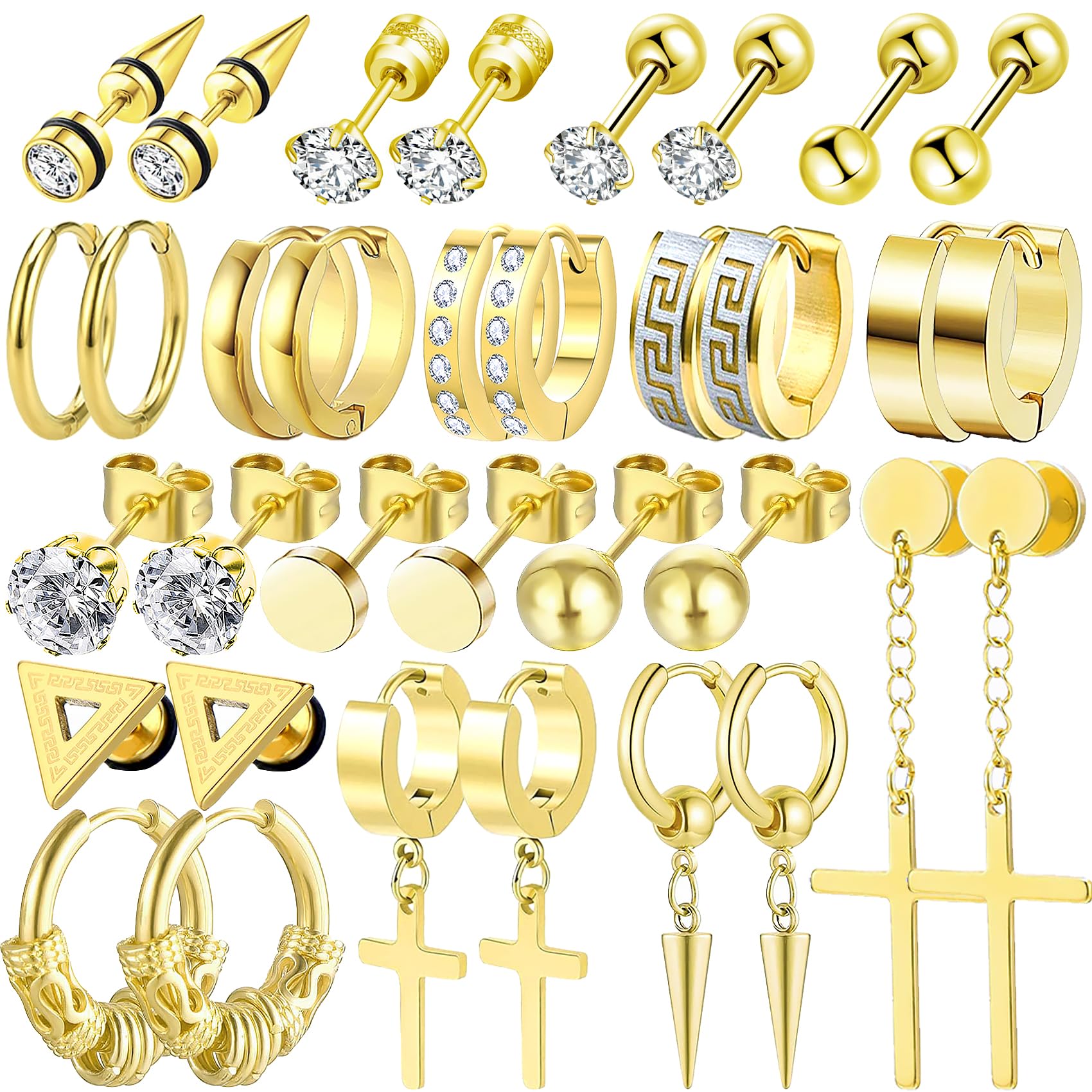 17 Pairs Earrings for Men, Stainless Steel Earrings For Men Sensitive Skin, Fashion Earring Piercing Jewelry Cross Dangle Hoop Earrings Kit Studs Long-lasting Shine