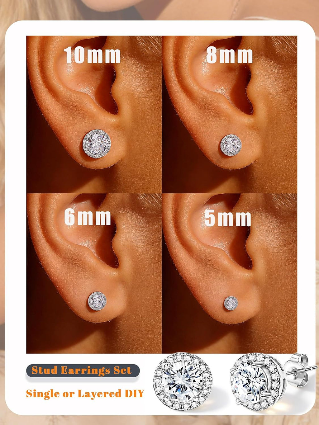 4 Pairs Silver Stud Earrings for Women, 18K Silver Plated Hypoallergenic Premium Cubic Zirconia Earrings, Halo Round Square Stud Earrings Set for Women Men