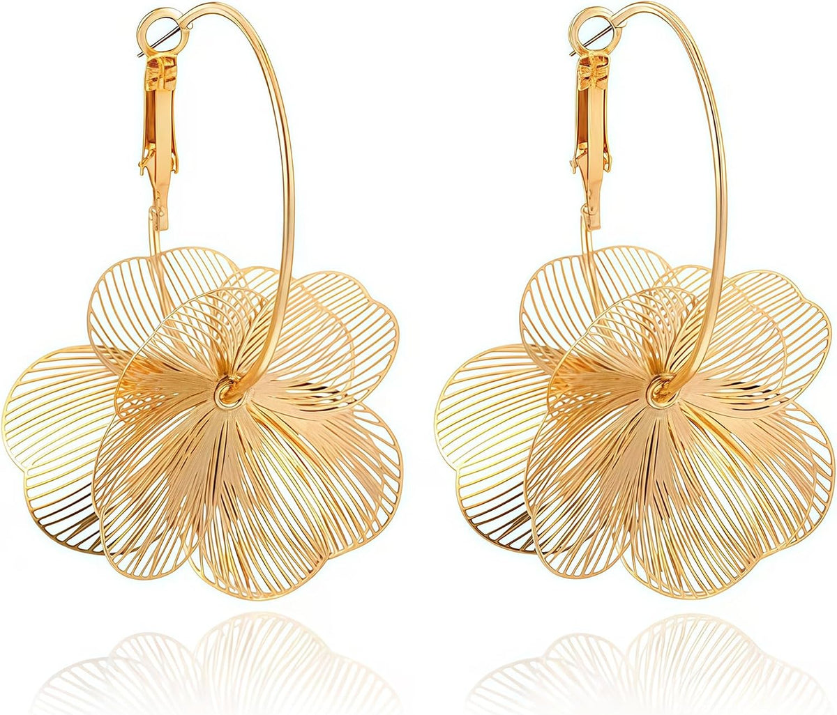 Gold Silver Flower Dangle Earrings for Women | Cute Statement Trendy Floral Drop Earrings, Boho Fashion Lightweight Hoop Jewelry Gift, Hypoallergenic for Sensitive Ears