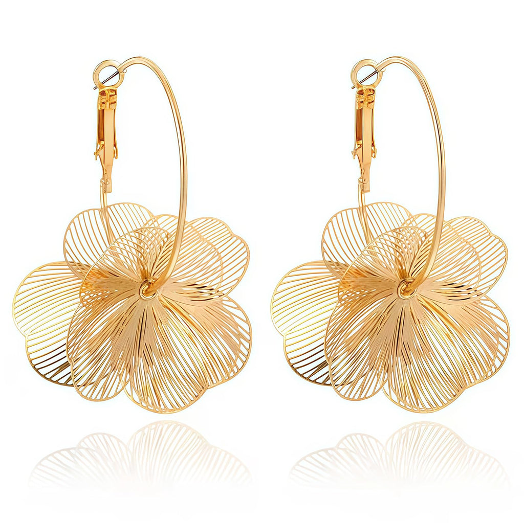 Gold Silver Flower Dangle Earrings for Women | Cute Statement Trendy Floral Drop Earrings, Boho Fashion Lightweight Hoop Jewelry Gift, Hypoallergenic for Sensitive Ears