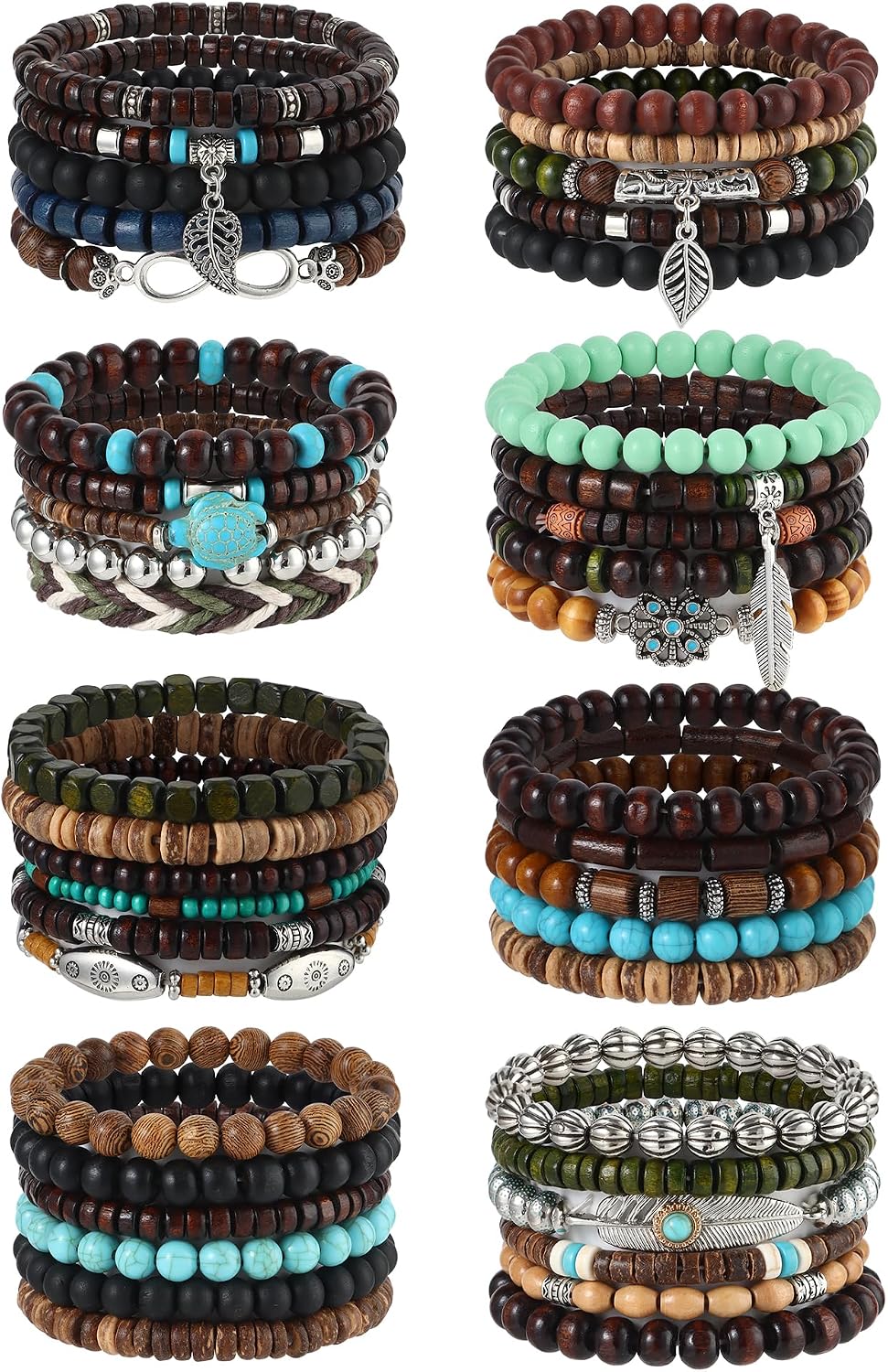 SONNYX 43Pcs Punk Wooden Beads Bracelets Gothic Bracelet for Men Adjustable Vintage Beaded Bracelet Metal Set Wood Bangles Wristbands Commemorative Gift