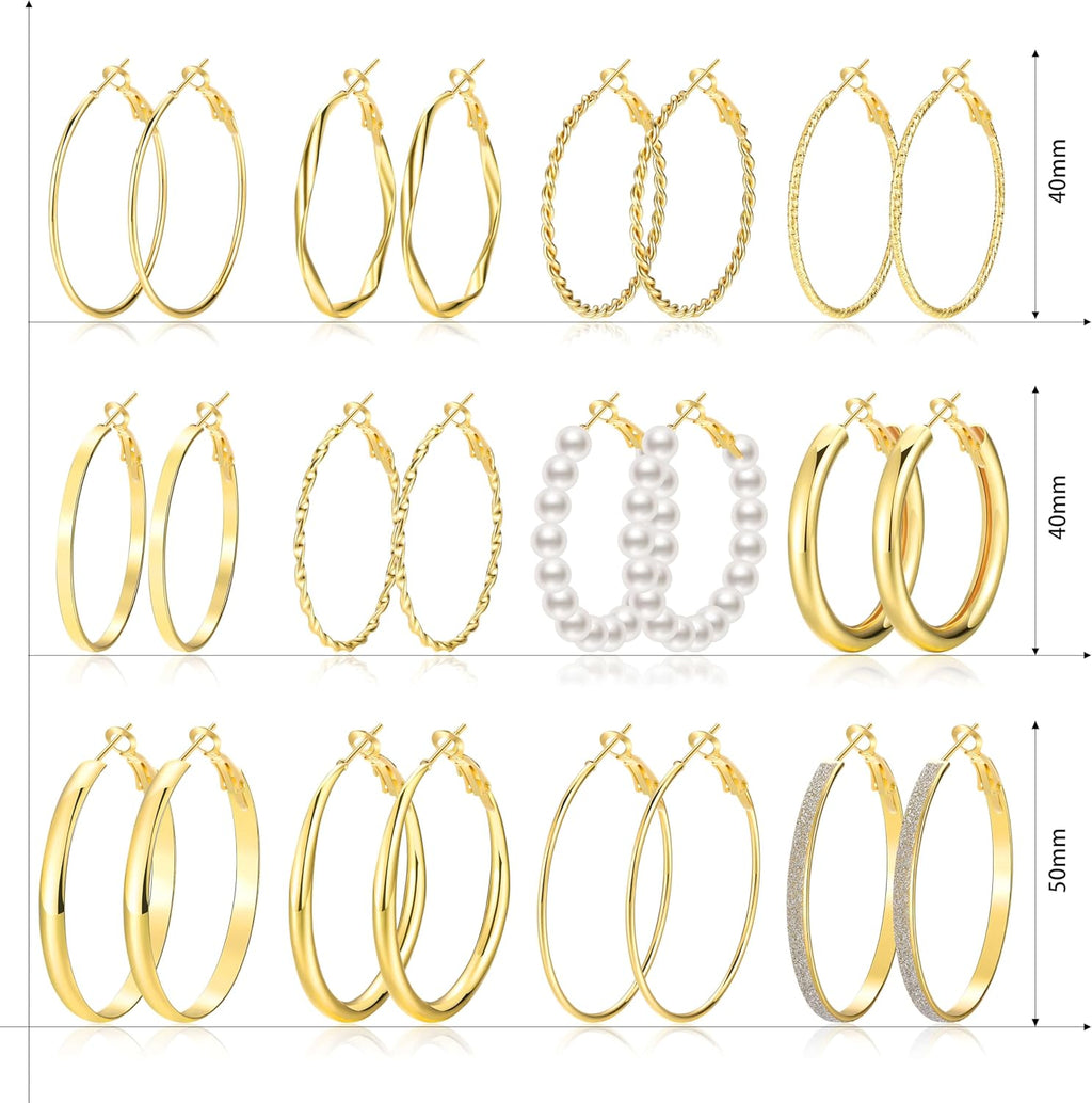 12 Pairs Gold Hoop Earrings Set for Women，Fashion Jewelry Gifts 40mm/50mm | Large/Big, Trendy, Pearl, Multiple Styles, lightweight, 14K Gold-plated, Hypoallergenic, Great for Party/Gathering/Work/Daily