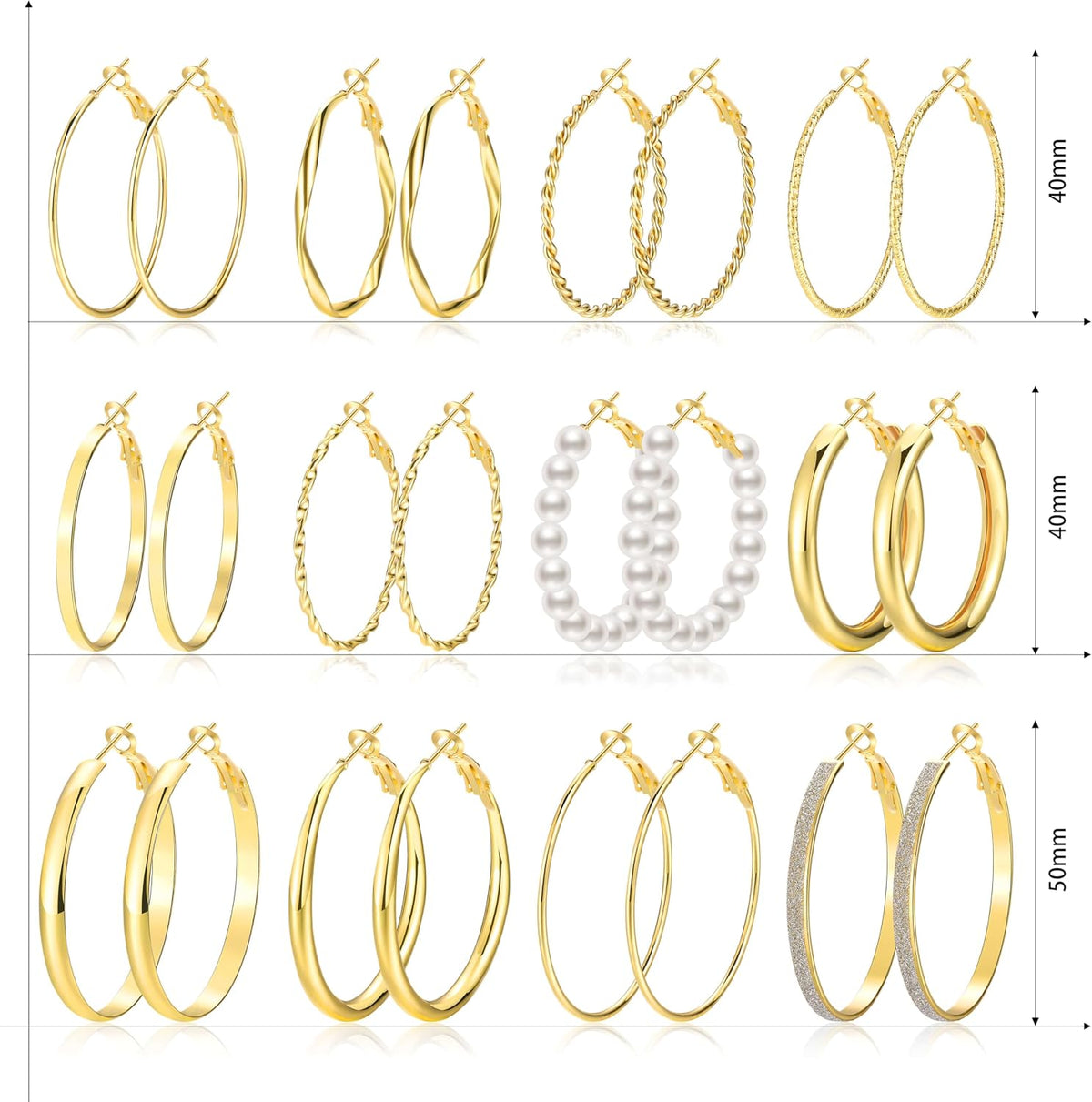 12 Pairs Gold Hoop Earrings Set for Women，Fashion Jewelry Gifts 40mm/50mm | Large/Big, Trendy, Pearl, Multiple Styles, lightweight, 14K Gold-plated, Hypoallergenic, Great for Party/Gathering/Work/Daily