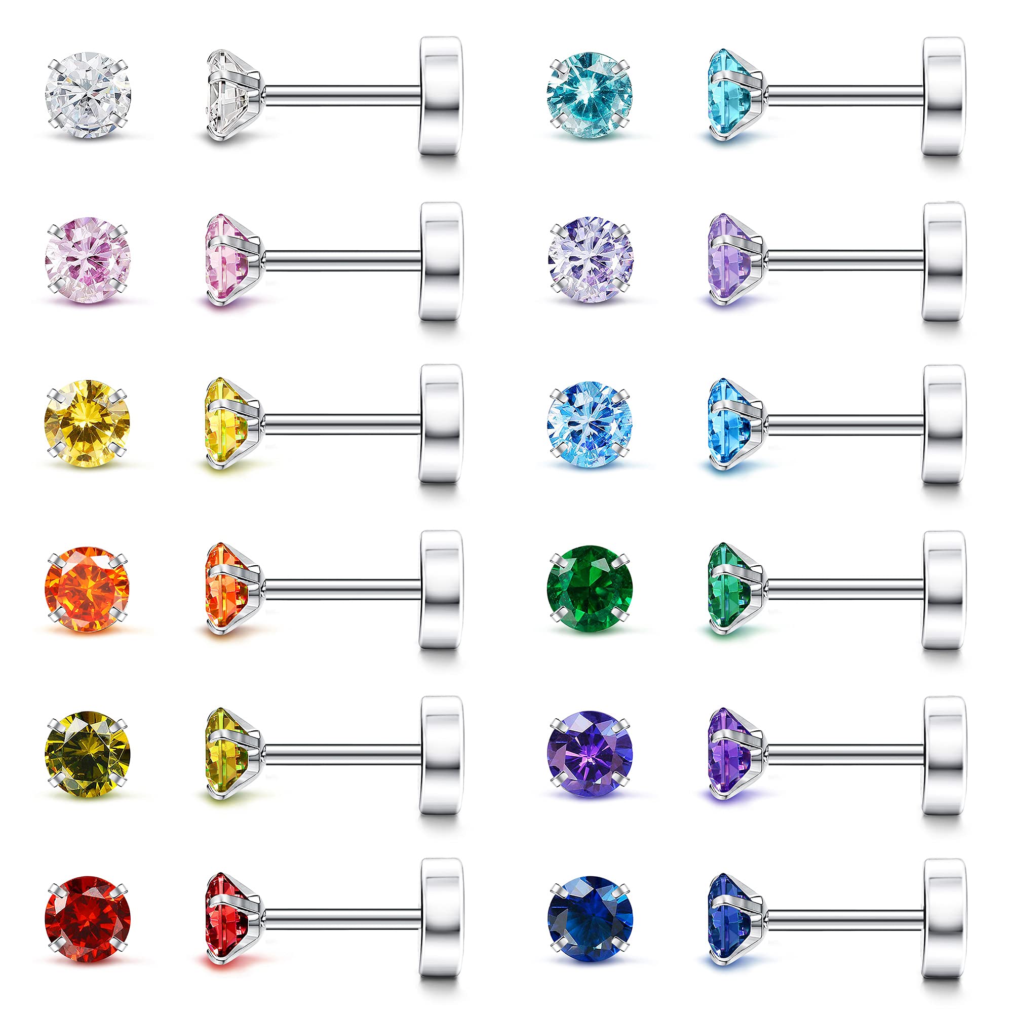 20G Hypoallergenic Flat Back Earrings for Women Men Silver 14K Gold Stainless Steel Stud Earrings Birthstone Cubic Zirconia Studs Surgical Steel Cartilage Earrings for Sensitive Ears