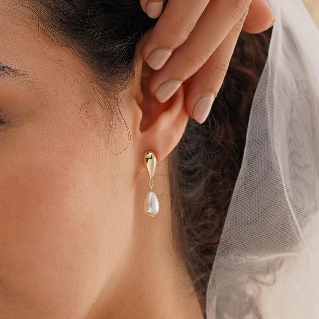 Plenky Pearl Earrings-14K Gold Plated Dainty Pearl Drop Simple Wedding CZ Dangle Dangling Cute Stud Earrings for Brides Earrings for Women Gifts