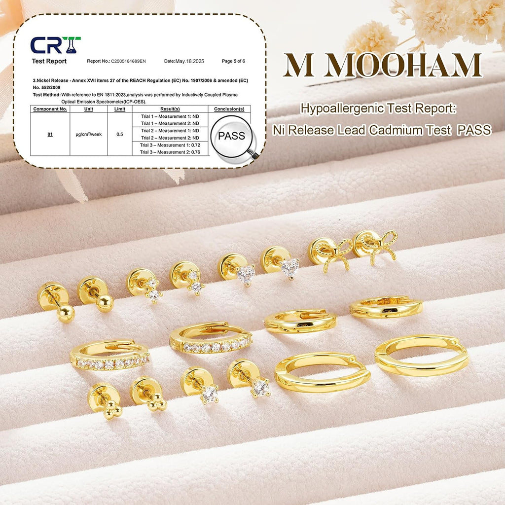 M MOOHAM 9 Pairs Flat Back Earring Stack Set for Women Teen Girls | Hypoallergenic Earrings, 14K Gold Plated Huggie Hoop Stud Earring, Small Cute Bow Cartilage Earrings, Trendy Jewelry Gifts