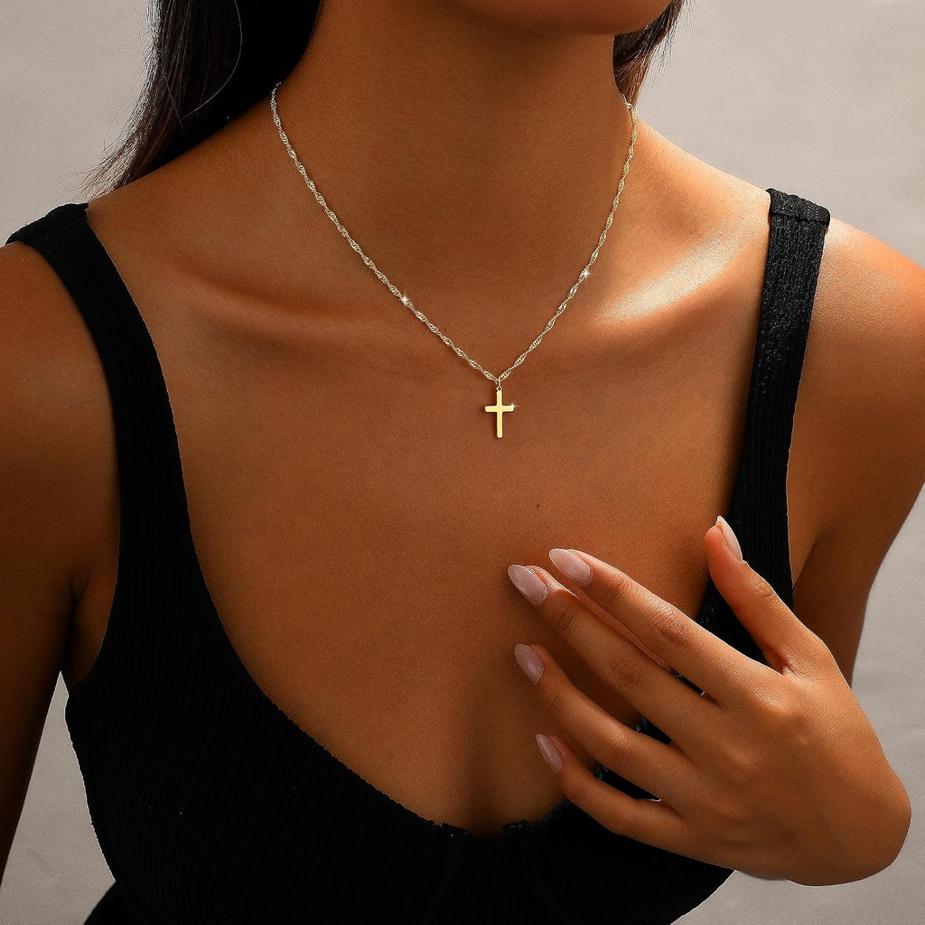 Cross Necklace for Women 14K Gold Plated Dainty Small Pendant Choker | Waterproof Simple Cross Charm, Non Tarnish Trendy Chain, Cute Basket Stuffers Baptism Religious Faith Jewelry Gift for Her