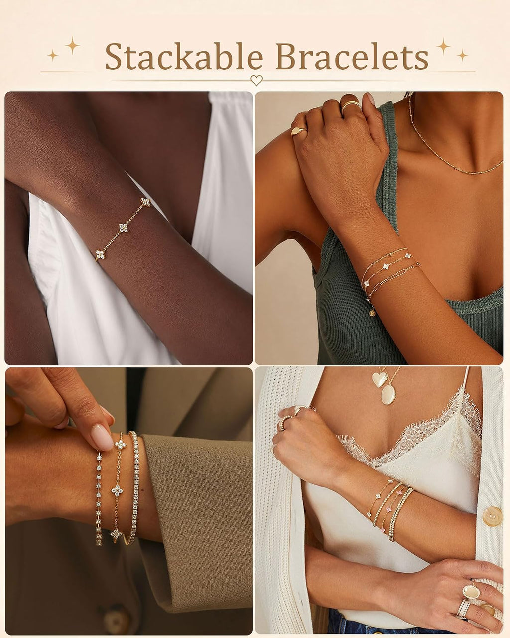 Clover Birthstone Gold Bracelets for Women Trendy Non Tarnish Gifts | Dainty Gold Bracelet Stack, 14K Gold Plated, Cute Stackable Charm Bracelet, Friendship Wedding Gold Jewelry, Birthday Gifts