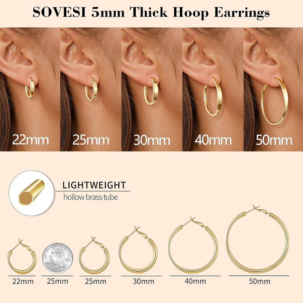 sovesi Flat Edge Chunky 14k Gold Plated Hoop Earrings for Women Trendy | 5mm Thick Hoops, Lightweight Hypoallergenic Hoop Earrings