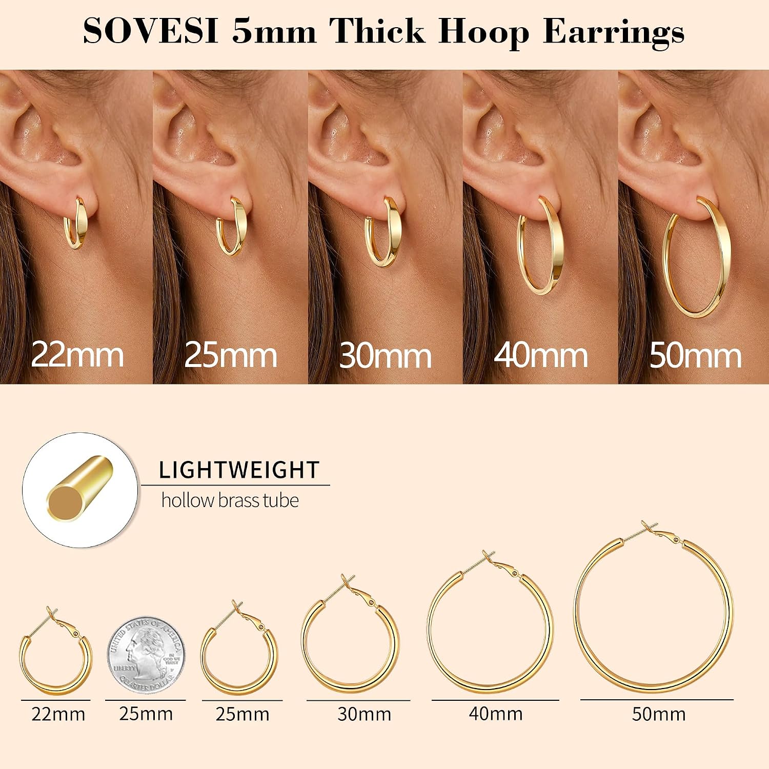sovesi Flat Edge Chunky 14k Gold Plated Hoop Earrings for Women Trendy | 5mm Thick Hoops, Lightweight Hypoallergenic Hoop Earrings
