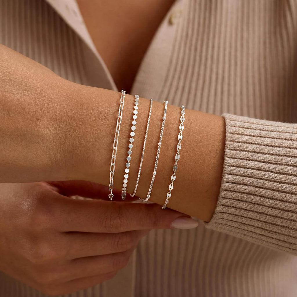 MBW Sterling Silver Simple Thin Bracelets for Women Trendy | Dainty S925 Silver Bracelets for Women Chain Bracelet Stack Set Waterproof Jewelry Minimalist Small Bracelet for Women Gift