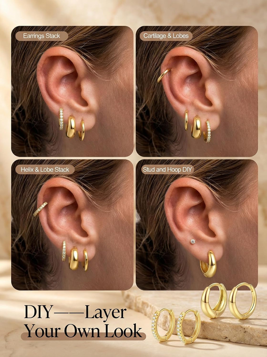 9 Pairs Gold Huggie Hoop Earrings for Women, 14K Gold Plated Stackable Set | Hypoallergenic Small Hoop Earrings, Lightweight Comfortable Huggies, Non Tarnish, Multiple Piercing Set, Great Gift for Women