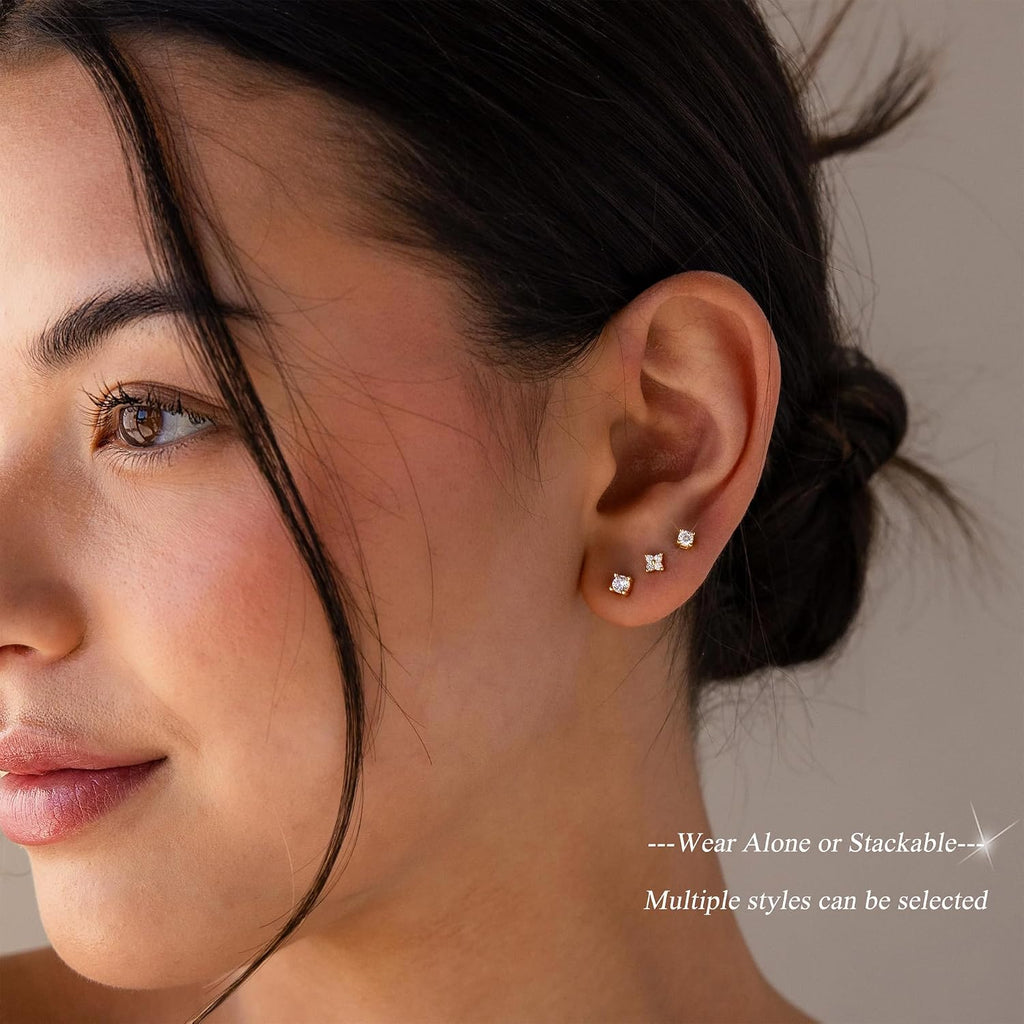 5 Pairs 14K Gold Plated Stud Earrings for Women, CZ Multiple Piercing Set | Hypoallergenic CZ Stud Earrings Set, 3-7mm Cubic Zirconia, Lightweight Comfortable Studs, Non Tarnish Jewelry, Gift for Women