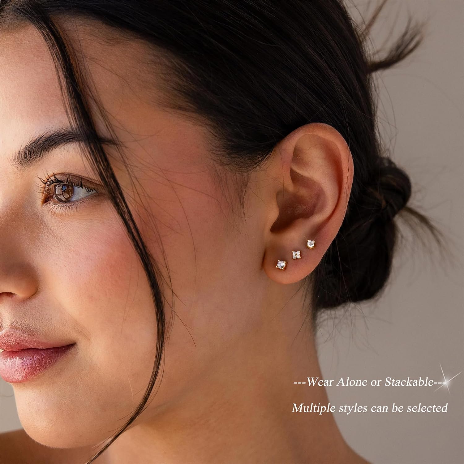 5 Pairs 14K Gold Plated Stud Earrings for Women, CZ Multiple Piercing Set | Hypoallergenic CZ Stud Earrings Set, 3-7mm Cubic Zirconia, Lightweight Comfortable Studs, Non Tarnish Jewelry, Gift for Women