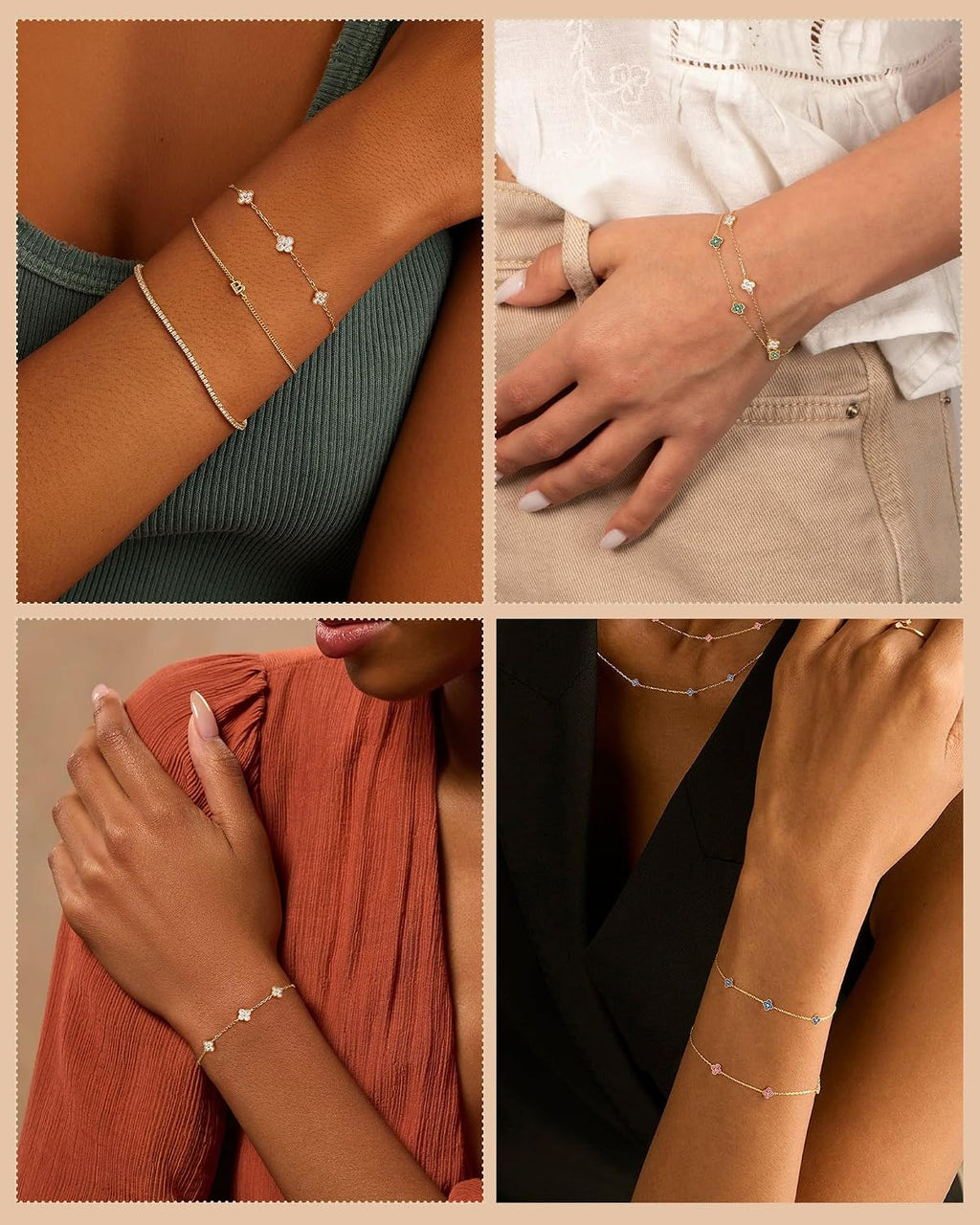 Birthstone Gold Clover Bracelet for women Dainty Cute bracelets | 14K Gold Plated,Friendship Stackable Bracelets for Women No Tarnish,Trendy Charm Best Friend Bracelet Stack,Birthday Jewelry