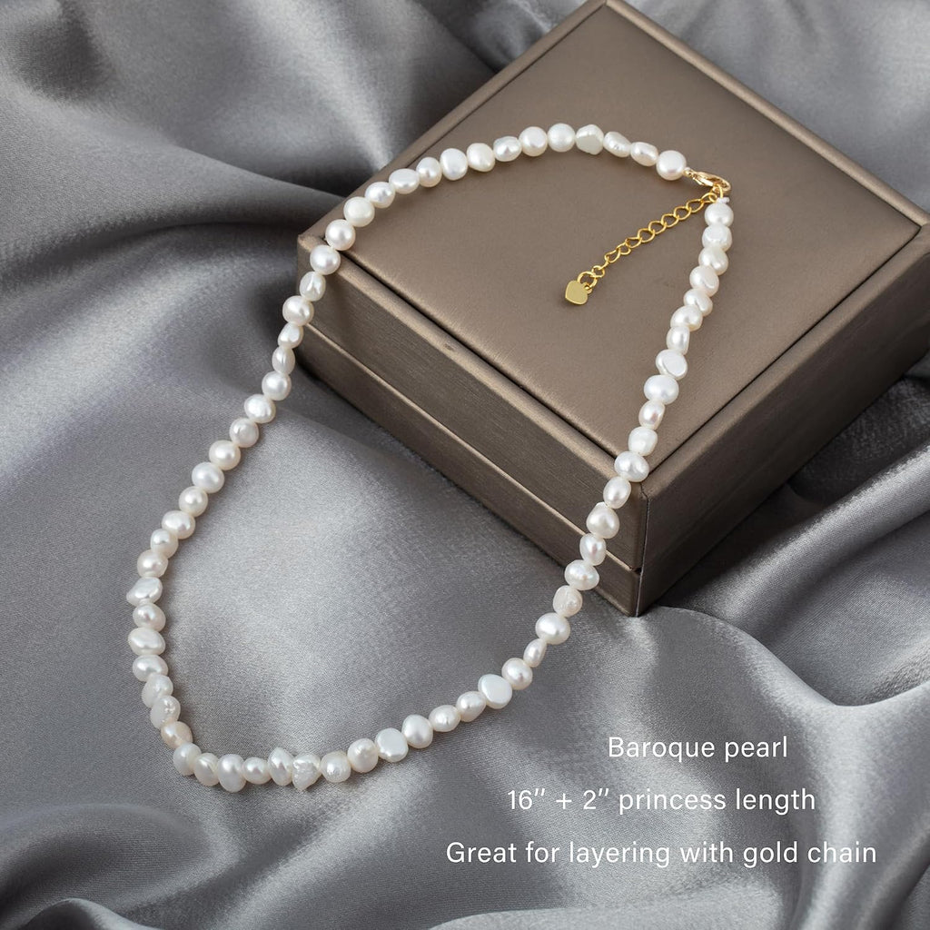 NUZON Natural Freshwater Baroque Pearl Choker Necklace for Women 16’’ | Cultured Pearl Strand Necklace, Various Size & Shape, White Pearl Beaded Necklace, Oval Rice Pearl Layering Summer Jewelry