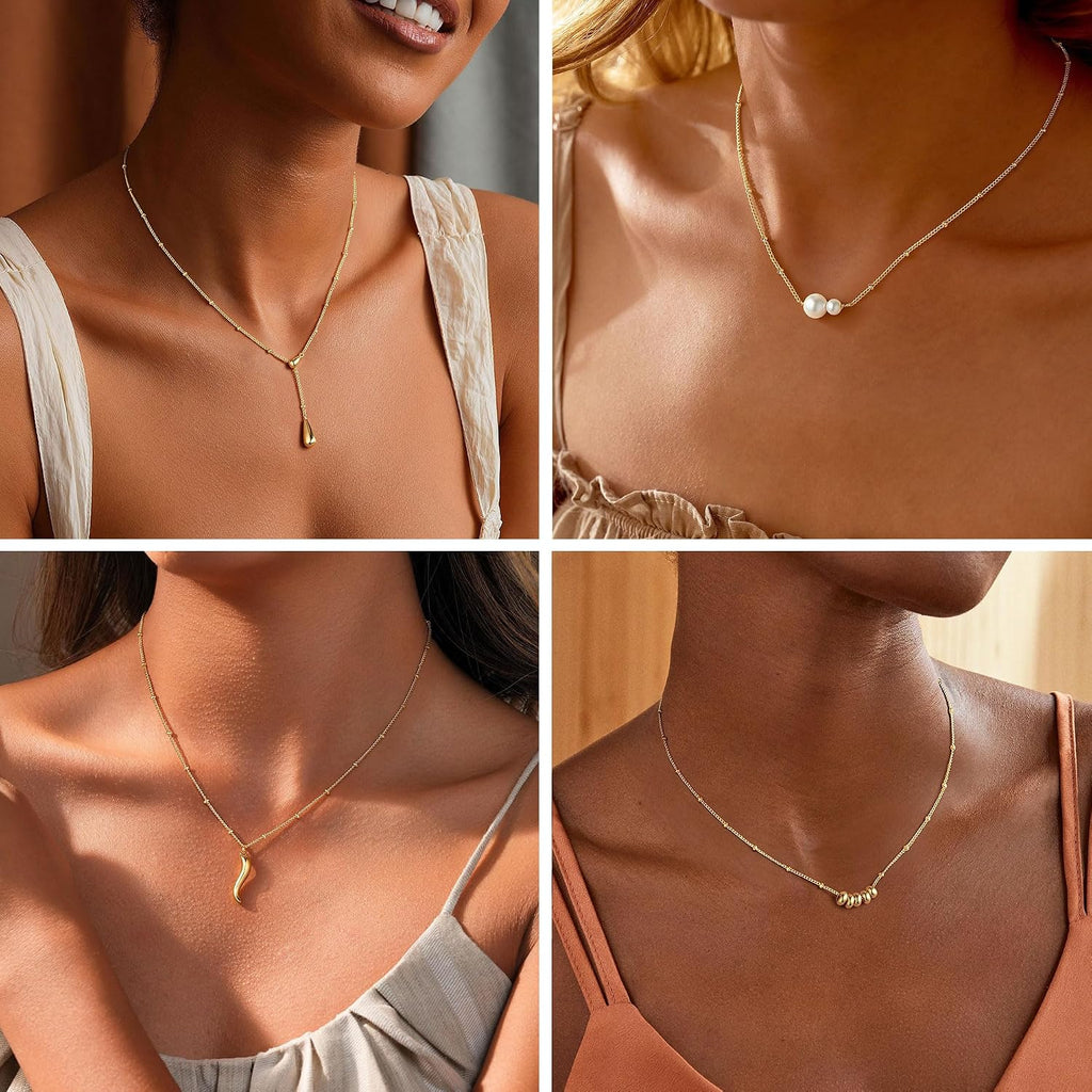 M MOOHAM Gold Necklace for Women, 14K Gold Plated Small Pendant Jewelry | Gold Beaded Chain Necklace, Simple Pearl Circle Beads Teardrop Pendant, Birthday Gifts for Women Teen Girls