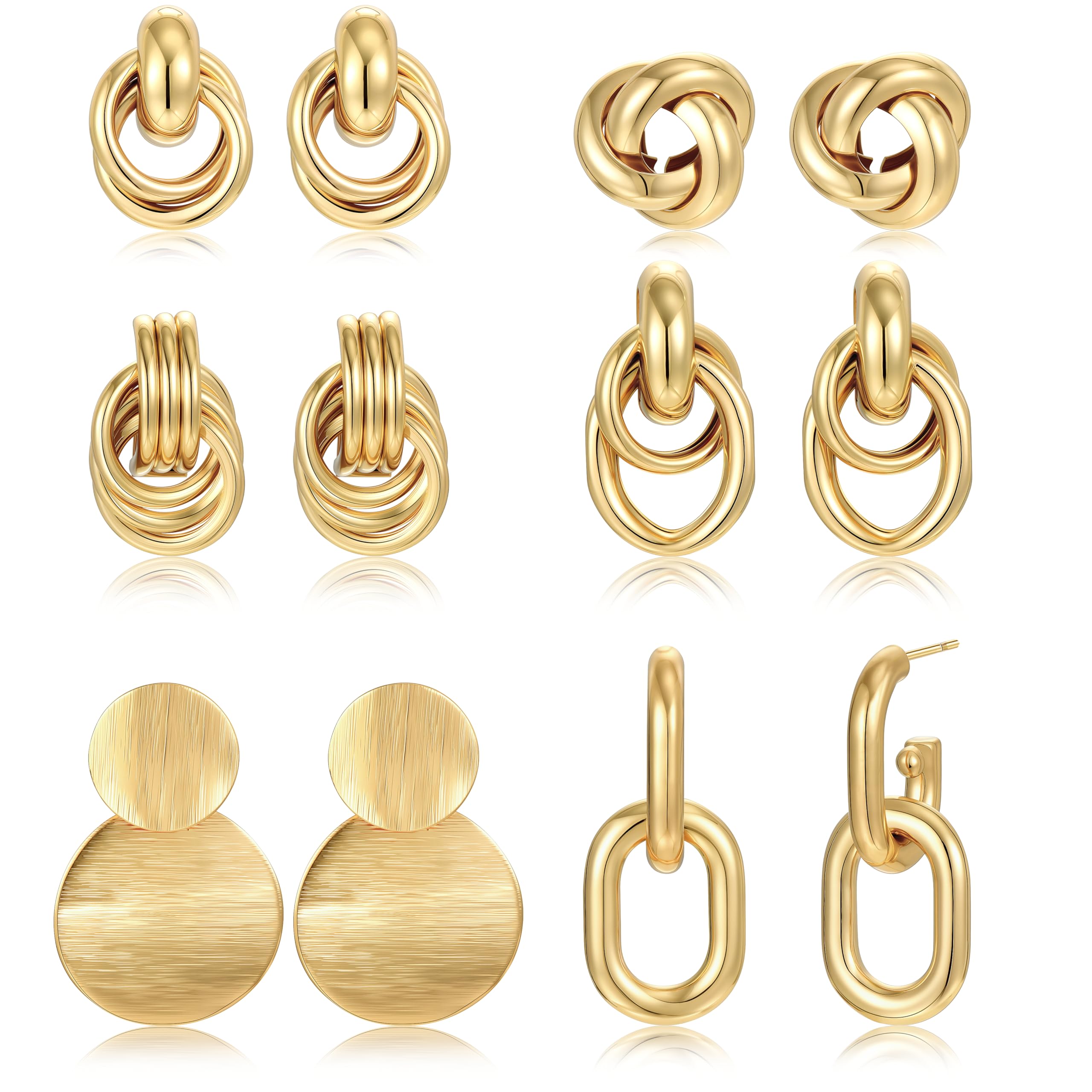 6 Pairs Chunky Gold Earrings for Women Gold Plated Knot Earrings Trendy Statement Drop Dangle Teardrop Lightweight Hypoallergenic Fashion Accessories Jewelry Set Gifts for Women