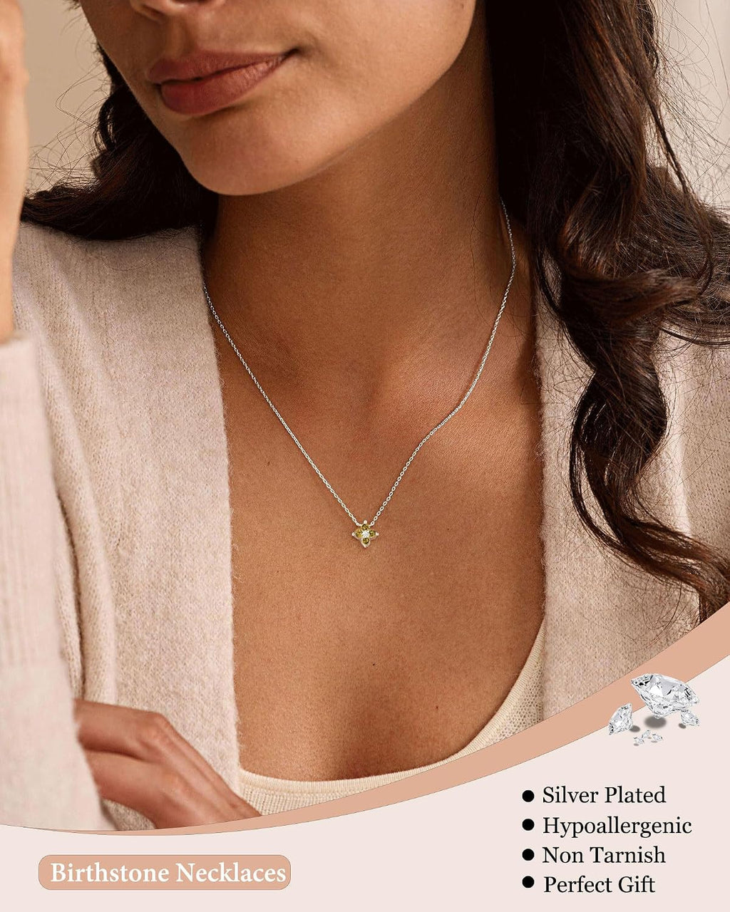 ZHESHY Birthstone Silver Necklaces for Women Dainty Diamond Clover Necklace | Simple Non Tarnish Cubic Zirconia Pendant Necklaces Women Silver Trendy Jewelry Bridesmaid Birthday Gifts