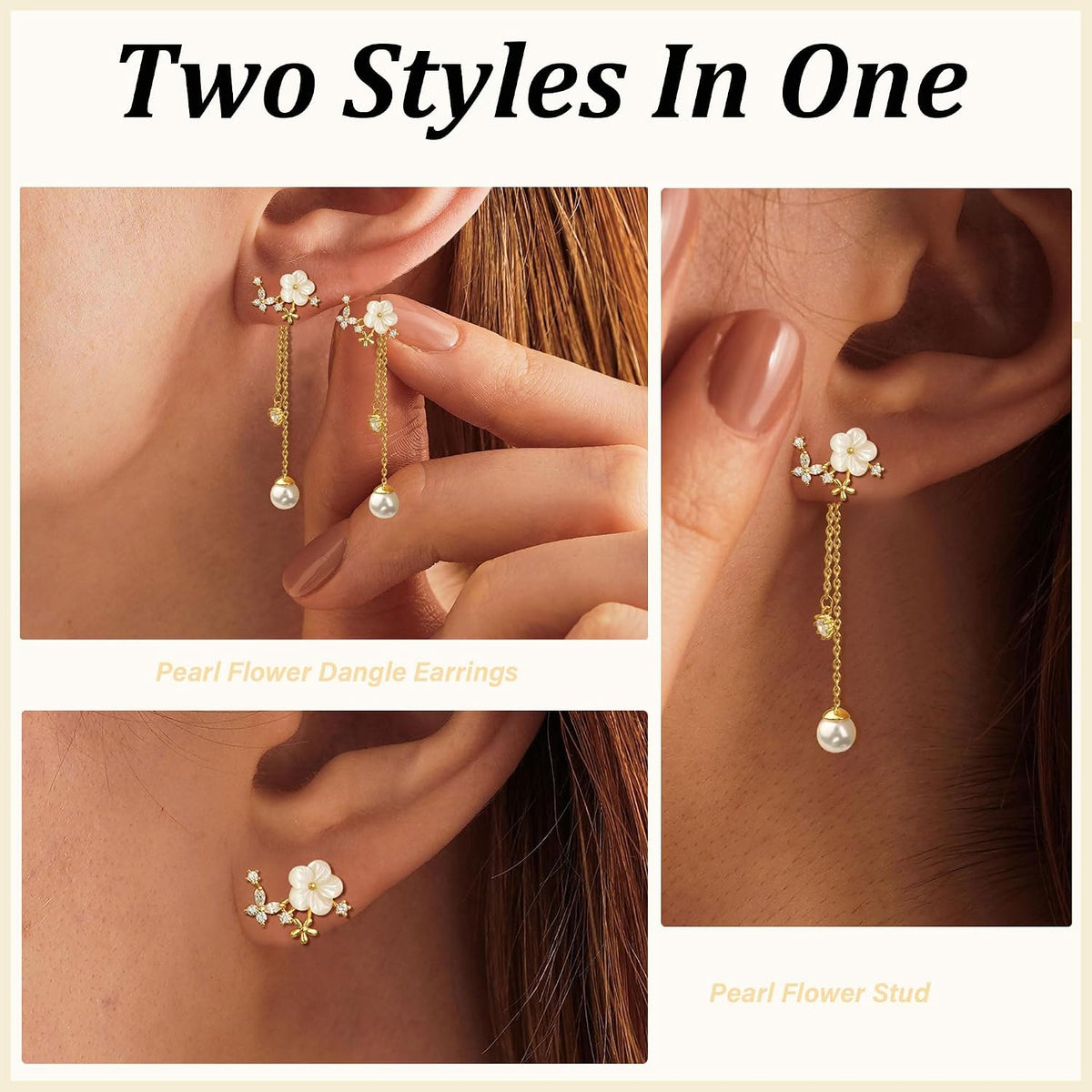 Dangle Pearl Drop Gold Earrings for Women Flower Wedding Jewelry | Dangling for Brides, Prom, Long Threader Chain, Trendy, Dainty, Sparkly CZ, Gifts for Women