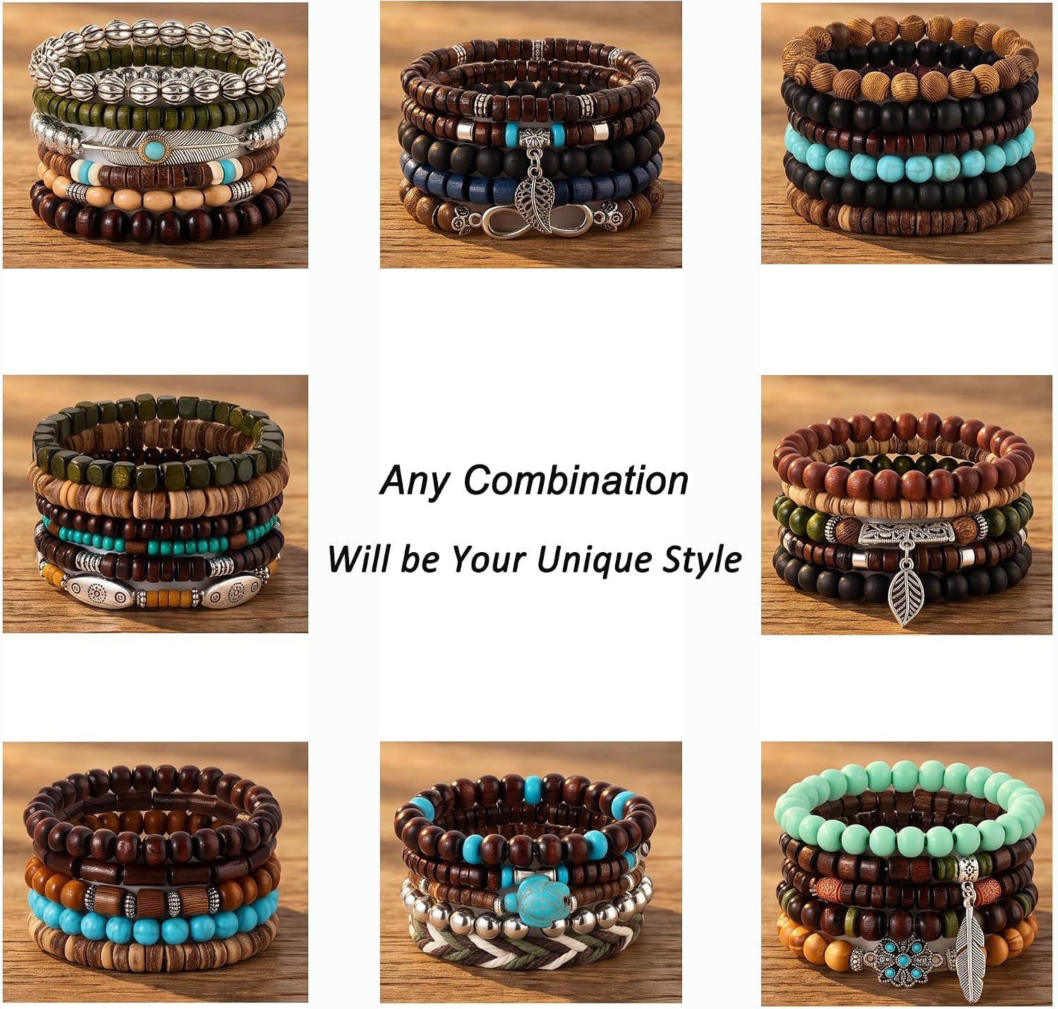 SONNYX 43Pcs Punk Wooden Beads Bracelets Gothic Bracelet for Men Adjustable Vintage Beaded Bracelet Metal Set Wood Bangles Wristbands Commemorative Gift
