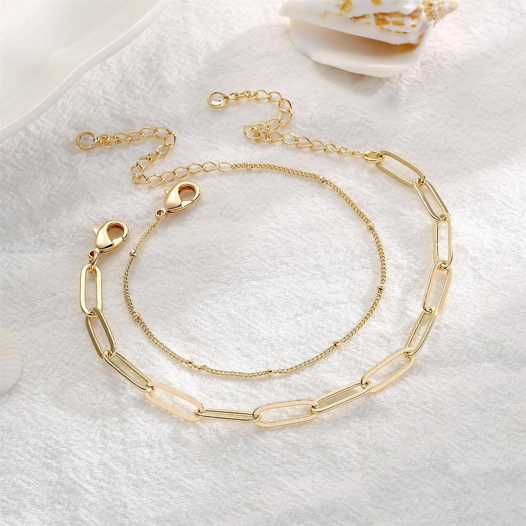 Dainty Gold Bracelets for Women, 14K Gold Plated Adjustable Layered Beads Bracelet Cute Evil Eye Oval Chain Pearl Bar Turtle Gold Bracelets for Women Jewelry
