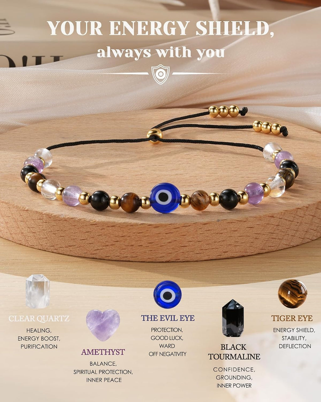 HGDEER Evil Eye Bracelets, Crystal Lucky Protection Gifts for Women Girls | Amethyst Clear Quartz Black Tourmaline & Tiger Eye 4mm Beads, Mal de Ojo Good Luck Charm, Adjustable String Fits 10.2 in