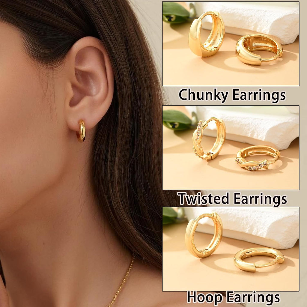 9 Pairs Small Gold/Silver Hoop Earrings Set for Women | 14K Gold Plated Chunky Hoop Small Earring Hypoallergenic Thick Open Lightweight Chunky Hoop Earrings Jewelry for Gifts