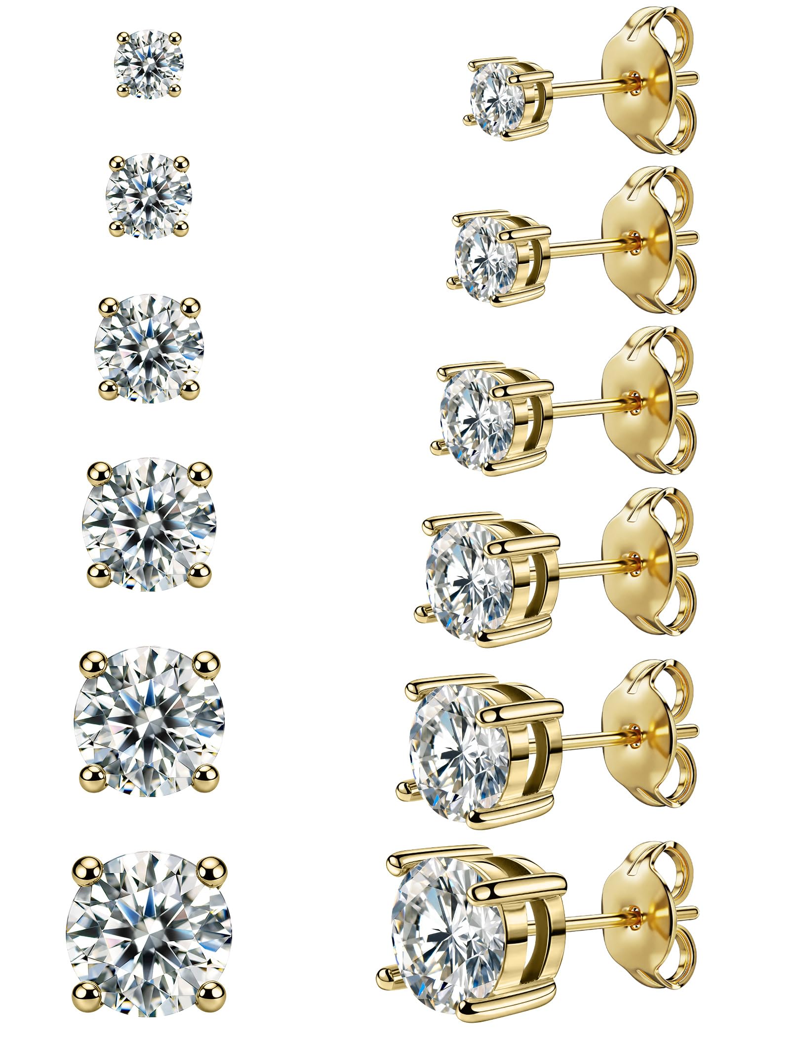 6 Pairs Stud Earrings Set, Hypoallergenic Cubic Zirconia 316L Earrings Stainless Steel CZ Earrings 3-8mm (Steel color)