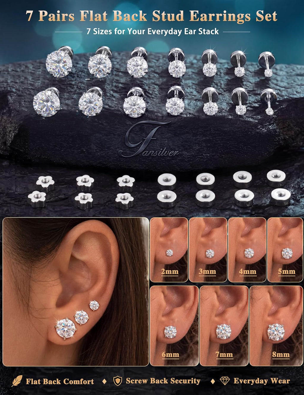 20G Hypoallergenic Flat Back Earrings for Women Men Silver 14K Gold Stainless Steel Stud Earrings Birthstone Cubic Zirconia Studs Surgical Steel Cartilage Earrings for Sensitive Ears