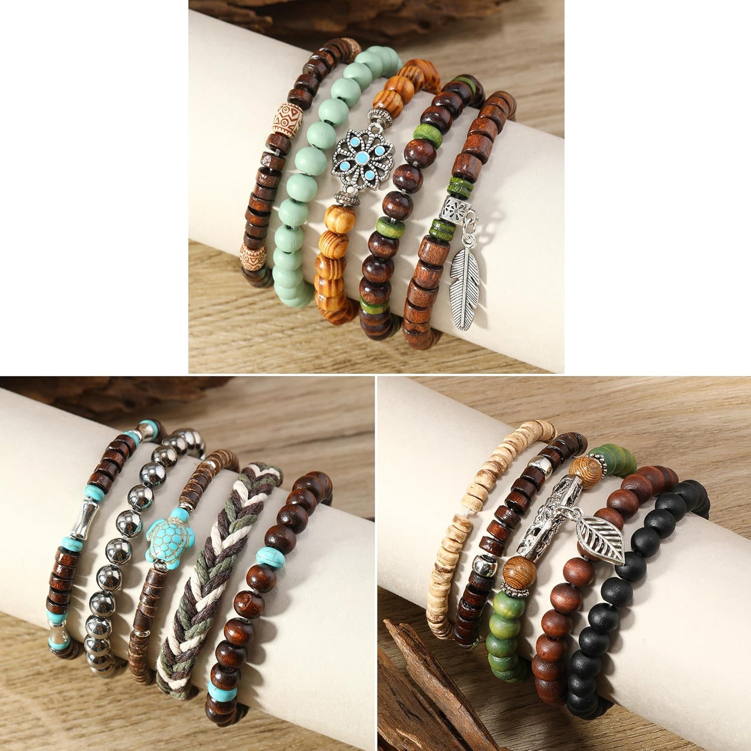 SONNYX 43Pcs Punk Wooden Beads Bracelets Gothic Bracelet for Men Adjustable Vintage Beaded Bracelet Metal Set Wood Bangles Wristbands Commemorative Gift