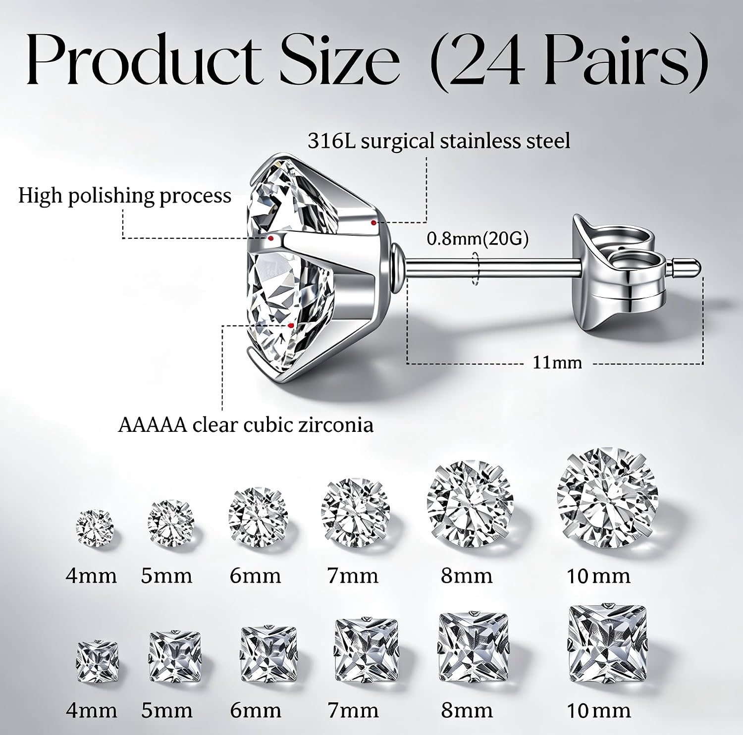 24 Pairs Cubic Zirconia Silver Stud Earrings Set for Women Men | Hypoallergenic, Flat Back Surgical Stainless Steel, Round & Square CZ Studs, Cartilage Earrings for Piercing Sensitive Ears