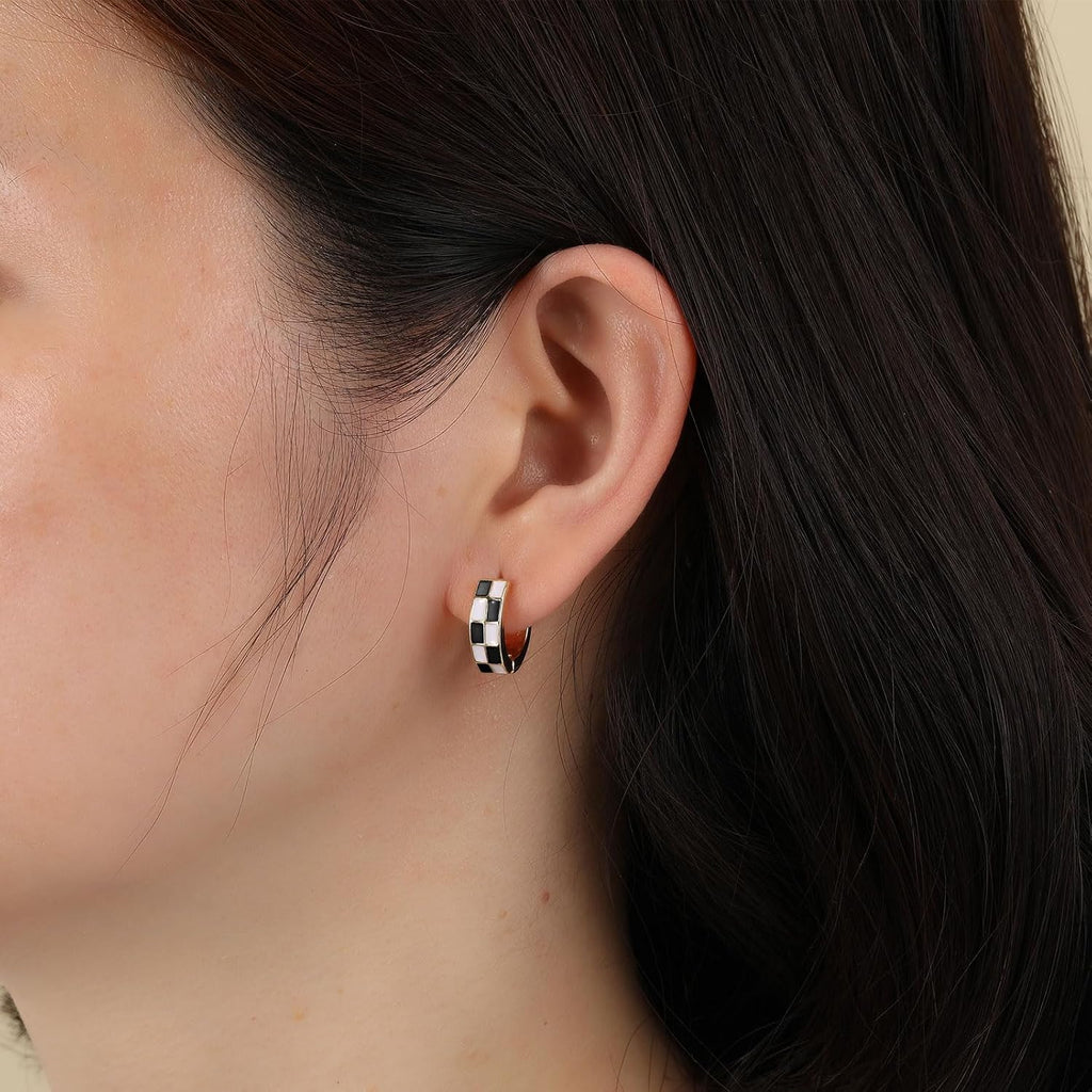 Checker Cartilage Hoops Teacher Earrings for Women White Black Enamel Gold | Hypoallergenic Office & Daily Wear Jewelry Gift