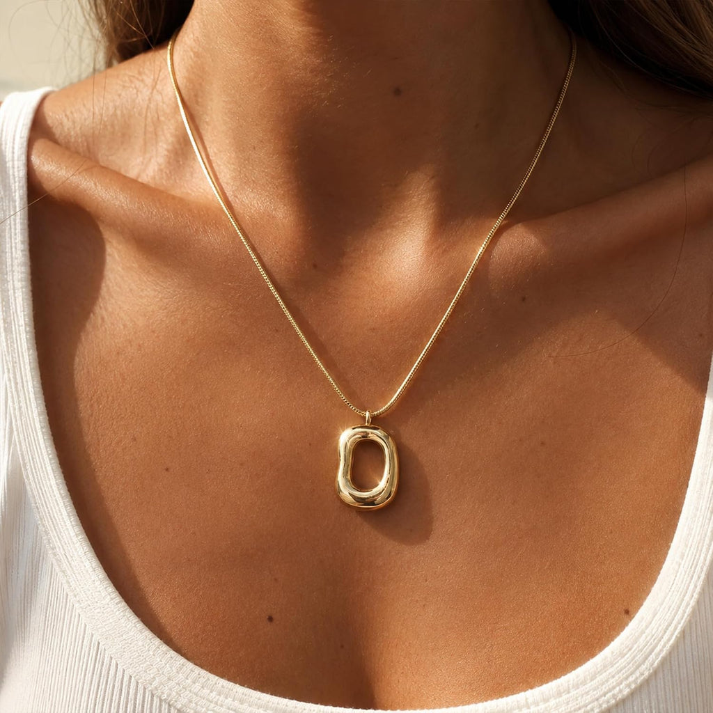 Gold Tone Irregular Oval Pendant Necklace for Women, Minimalist Chunky Snake Chain Necklace, Dainty 14K Gold Plated Statement Long Necklace