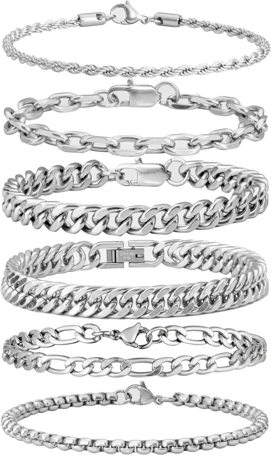 XIANNVXI 6pc Silver/Gold/Black Stainless Steel Bracelets for Men Gifts | 6.5/7/7.5/8.3/9 Inches Cuban Link Chain Bracelets Set Mens Fashion Accessories Jewelry Set