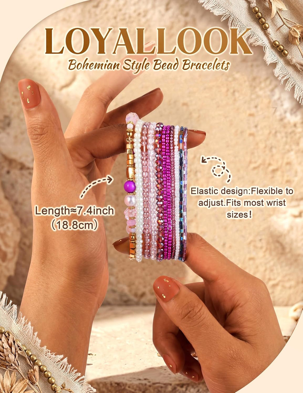 6 Sets Bohemian Stackable Bead Bracelets for Women Stretch Bohemian Style Stretch Multilayered Boho Bracelet Set