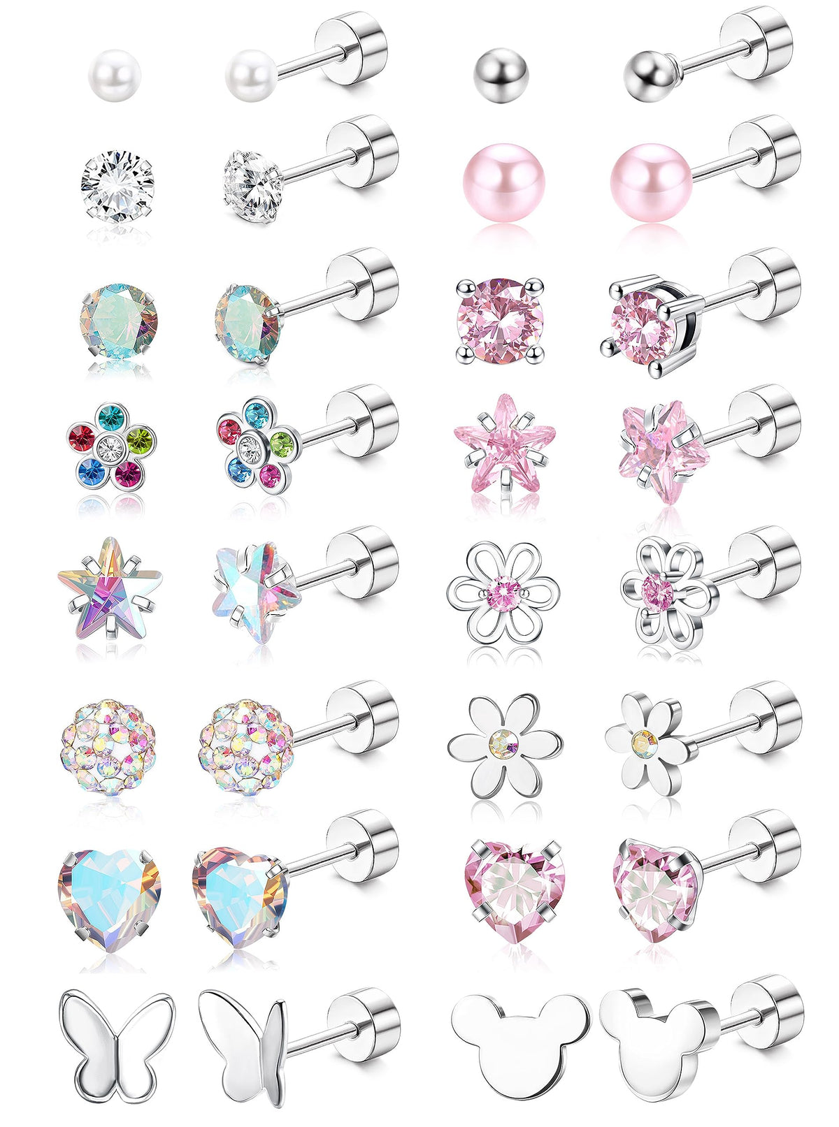 CASSIECA 16Pairs Hypoallergenic Flat Back Earrings for Girls Stud Earrings | Screwback Stud Earrings,FlatBack For Girls Kids Toddler Women,Surgical Steel,Cute Pearl Heart Flower Studs,Jewelry Gift