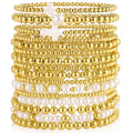 Gold Plated Bead & Pearl Bracelets for Women, 16PC Stackable Stretch Set | Elastic cord fits 6-7cm wrists; hypoallergenic, lead & nickel free; gift for Mom, Wife, Daughter, Birthday, Anniversary