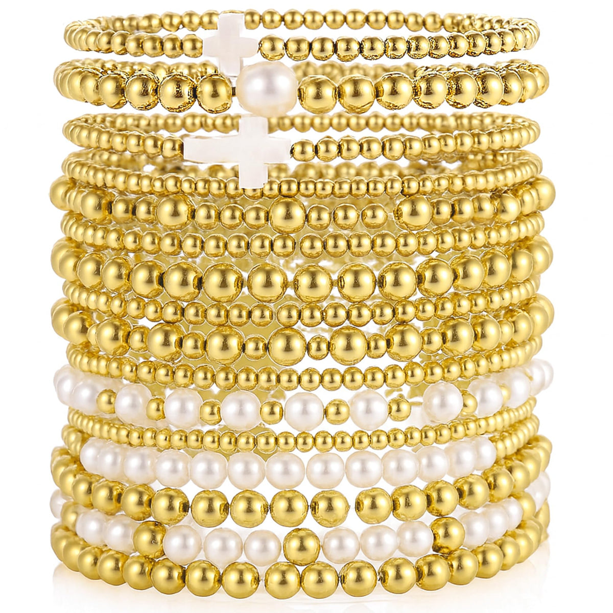 Gold Plated Bead & Pearl Bracelets for Women, 16PC Stackable Stretch Set | Elastic cord fits 6-7cm wrists; hypoallergenic, lead & nickel free; gift for Mom, Wife, Daughter, Birthday, Anniversary